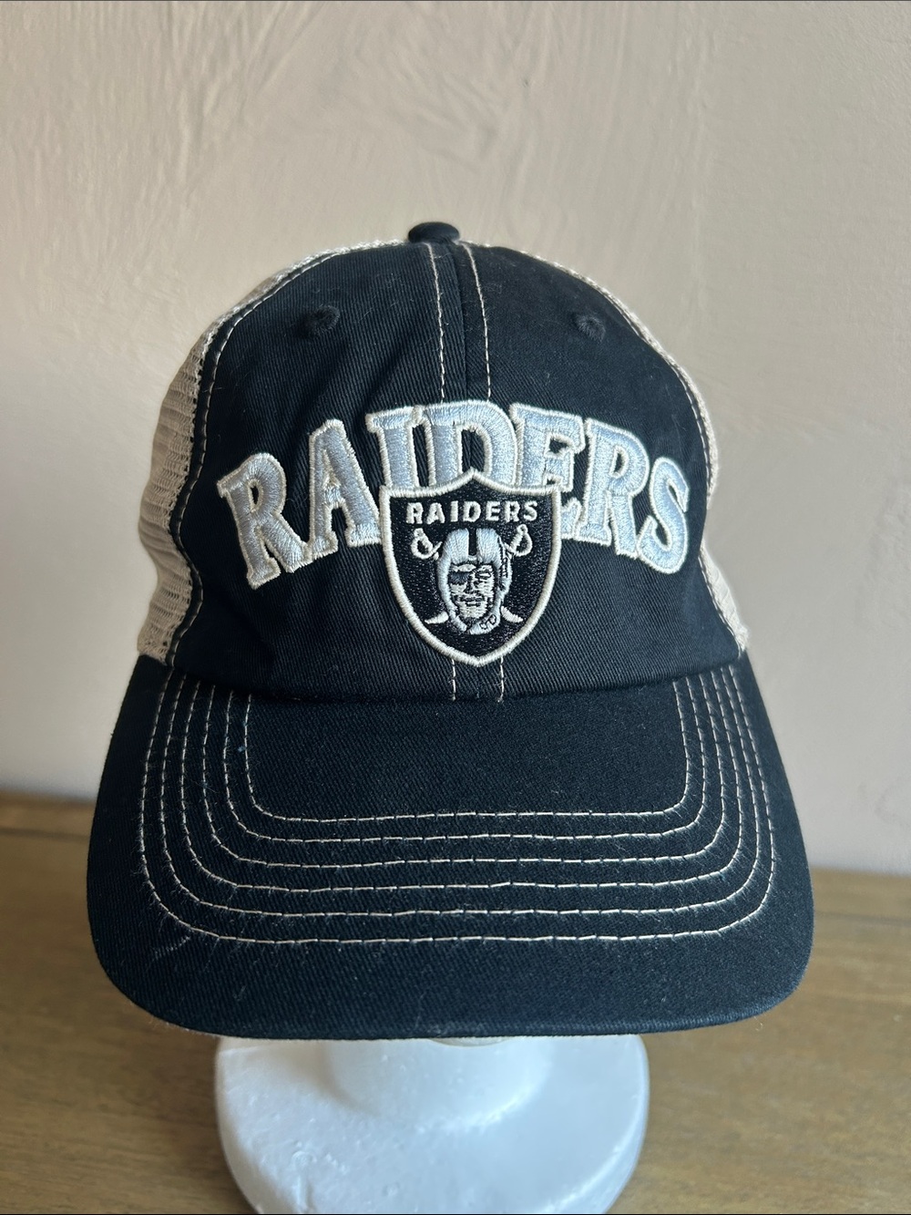 Vintage Official NFL Las Vegas Raiders Black & Cream Adjustable Mesh Trucker Cap